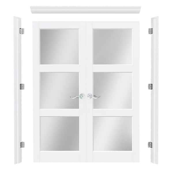 60 in. x 80 in. 3 Lite Mirrored Glass Universal White Primed Double Prehung French Door w/ Quick Assemble Jamb, Handle