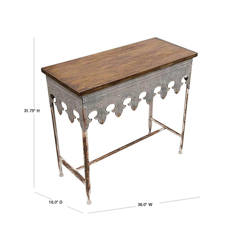 Scalloped Edge 36" Metal & Wood Console Table with Distressed Finish