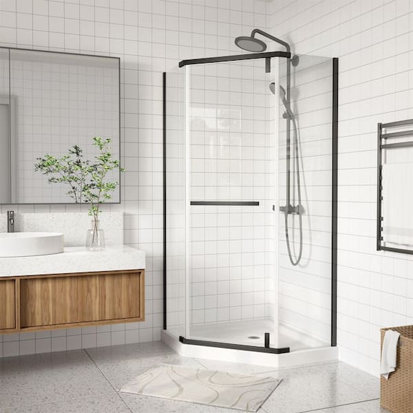 36 in. W x 72 in. H Neo Angle Pivot Frameless Corner Shower Enclosure in Matte Black Finish with Clear Glass