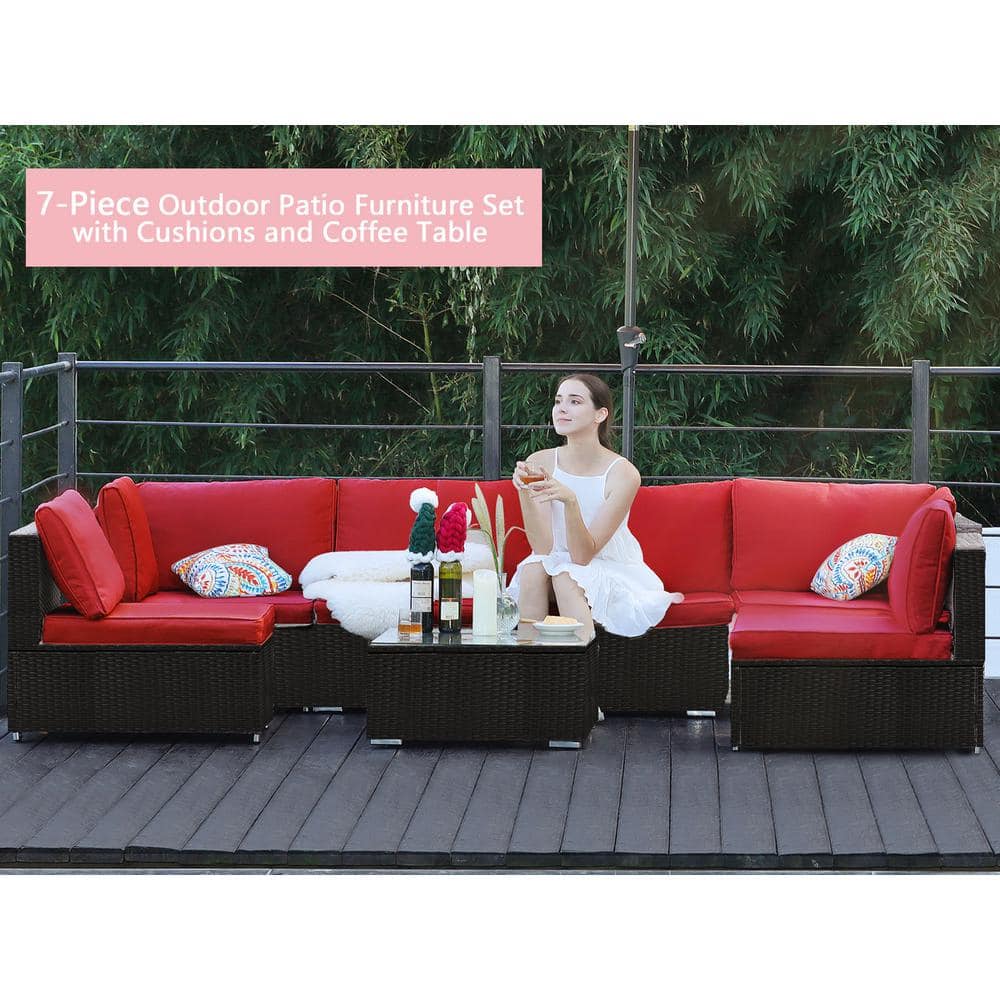 HZY 7-Pieces Black Wicker Outdoor Sectional Set with Red Cushions and Coffe