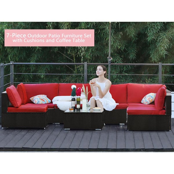 Unbranded HZY 7-Pieces Black Wicker Outdoor Sectional Set with Red Cushions and Coffee Table