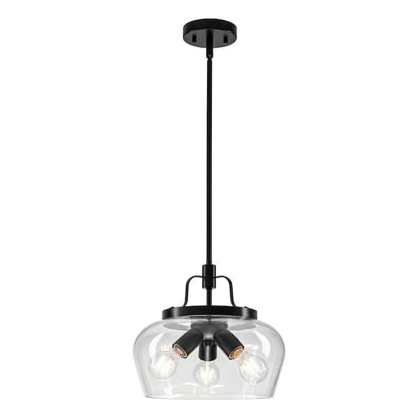 12 in. Modern 3-Light Glass Pendant Light, Industrial Black Kitchen Island Chandelier with Clear Glass for Dining Room