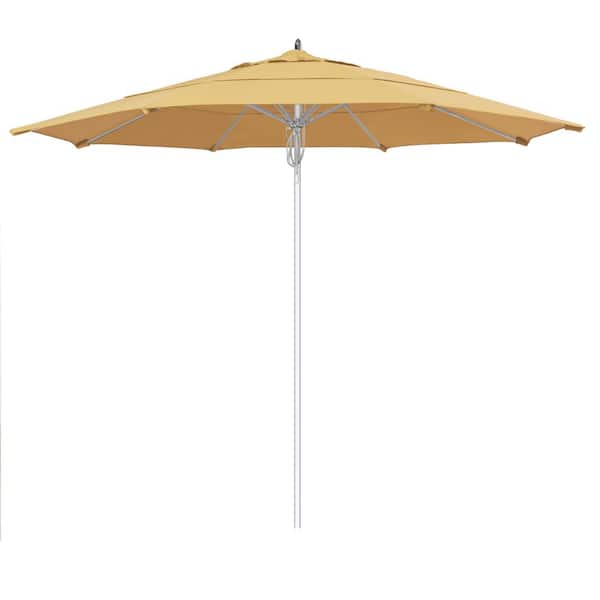 California Umbrella 11 ft. Silver Aluminum Commercial Market Patio Umbrella Fiberglass Ribs and Pulley Lift in Wheat Sunbrella