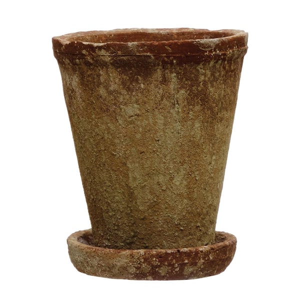 Storied Home 7.12 in. W x 8.62 in. H Distressed Terra-cotta Round Cement Decorative Pot with Saucer