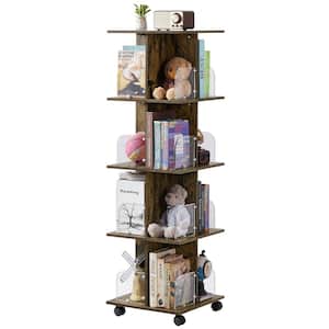 Bookcase Rotating Bookshelf, 50.39 in. Tall Brown Wood 4-Tier Shelf 360° Bookcase with Wheels and Acrylic Windows
