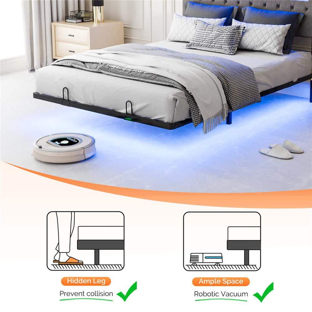 Gray Full Size Floating Bed Frame with Upholstered Headboard/Charging Station,RGB LED Lights - thumbnail 9