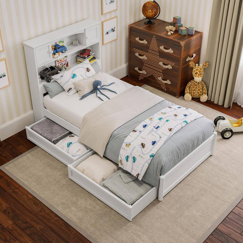 Hadley Twin White Wood Platform Bed with Storage Drawers