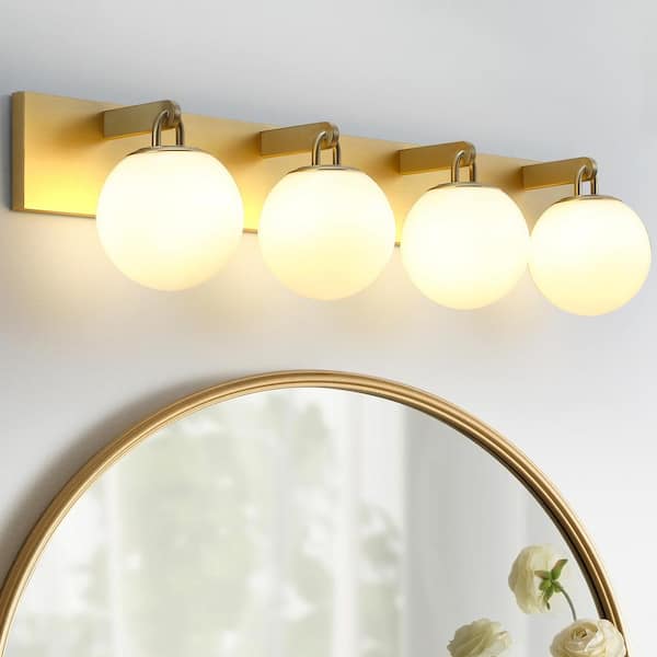 pasentel 35.87 in. 4-Light Modern Gold Vanity Light with Opal Glass Shades