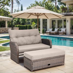 Brown Wicker Outdoor Day Bed with Beige Cushions and Matching Ottomans Multi-Functional Loveseat with Adjustable Back