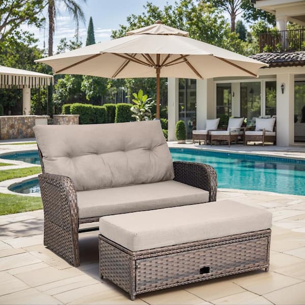 Brown Wicker Outdoor Day Bed with Beige Cushions and Matching Ottomans Multi-Functional Loveseat with Adjustable Back