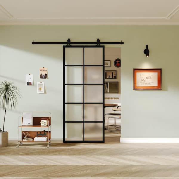 36 in. x 84 in. 10 Lite Tempered Frosted Glass Black Finished Solid Core Aluminum Barn Door Slab with Hardware Kit
