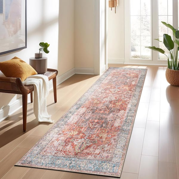 Vintage Inspired Distressed Machine Washable Multi 2 ft. 6 in. x 6 ft. Runner Rug