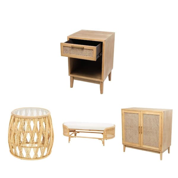 18 in. End Table with Cane Drawer, 22 in. Round Glass End Table, 49 in. Dining Bench and Cane Door Cabinet Combo
