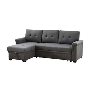 84 in. W Linen Reversible Sleeper Sectional Sofa with Storage Chaise in Dark Gray