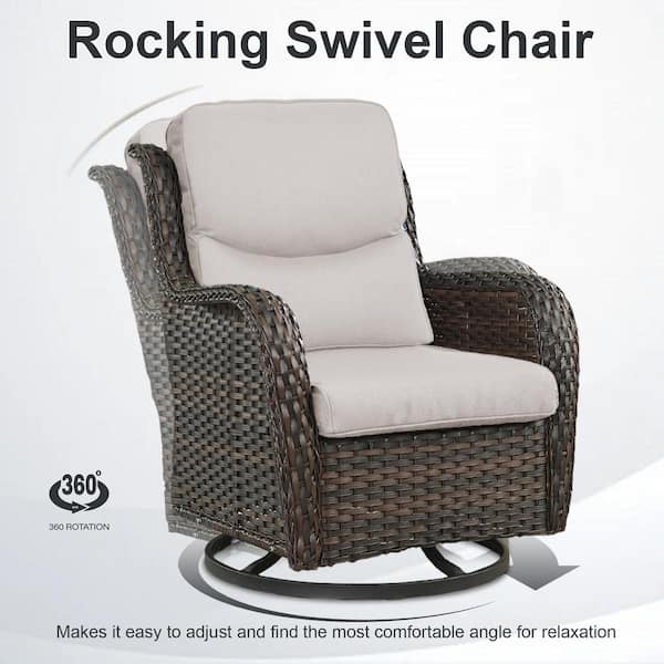 Crescent 6-Piece Brown Wicker Outdoor Swivel Rocker Patio Chairs Patio Conversation Set with Beige Cushions