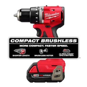 M18 18V Lith-Ion Brushless Cordless 1/2 in. Compact Drill/Driver w/One 2.0 Ah Battery, Charger & Bit Set (100-Piece)