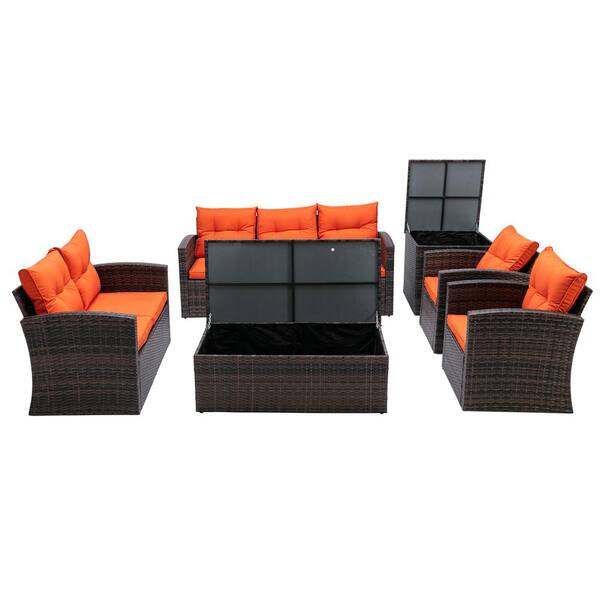 Unbranded 6-Piece Wicker Patio Conversation Set with Orange Cushions