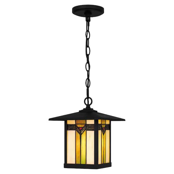 Home Decorators Collection Sumner 10.88 in. 1-Light Matte Black Outdoor Hanging Light Pendant Light with Tiffany Glass Shade