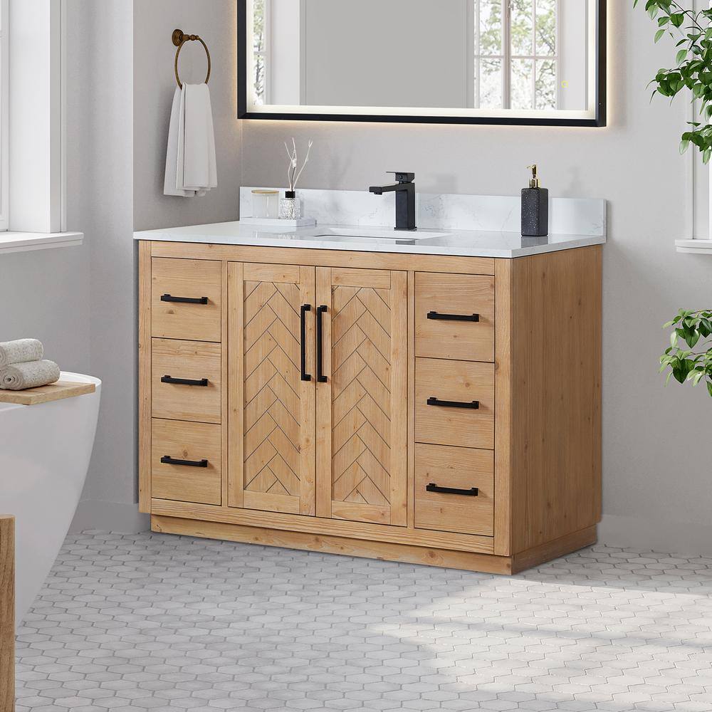 Anais Light Brown Wood Bathroom Vanity with White Stone Countertop, 48 inch