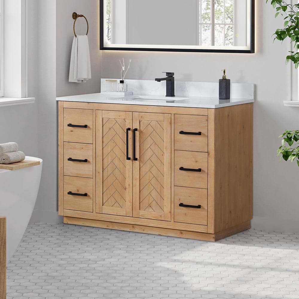 Anais Light Brown Wood Bathroom Vanity with White Stone Countertop, 48 inch