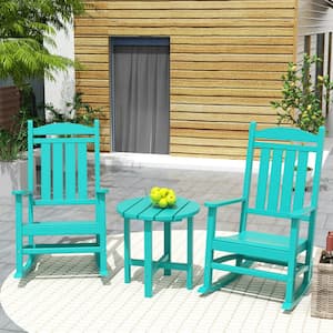 Laguna 3-Piece Classic Outdoor Patio Fade Resistant Plastic Rocking Chairs and Round  Side Table Set in Turquoise