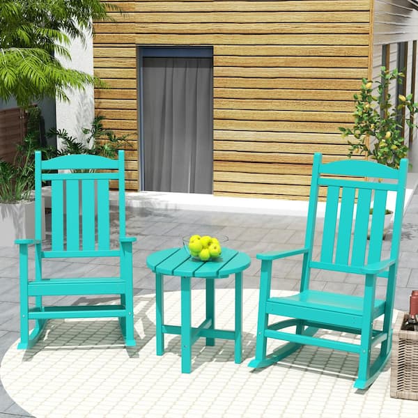 WESTIN OUTDOOR Laguna 3-Piece Classic Outdoor Patio Fade Resistant Plastic Rocking Chairs and Round Side Table Set in Turquoise