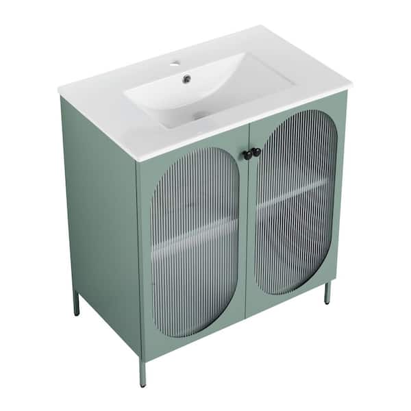 30 in. W Single Sink Freestanding Bath Vanity in Mint Green with White Ceramic Top Unassembled