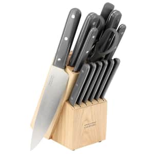 14 Piece Stainless Steel Cutlery and Wood Block Set in Grey