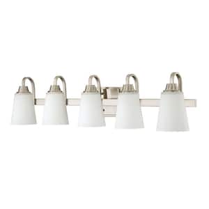 Grace 37 in. 5-Light Brushed Polished Nickel Finish Vanity Light with Frost White Glass