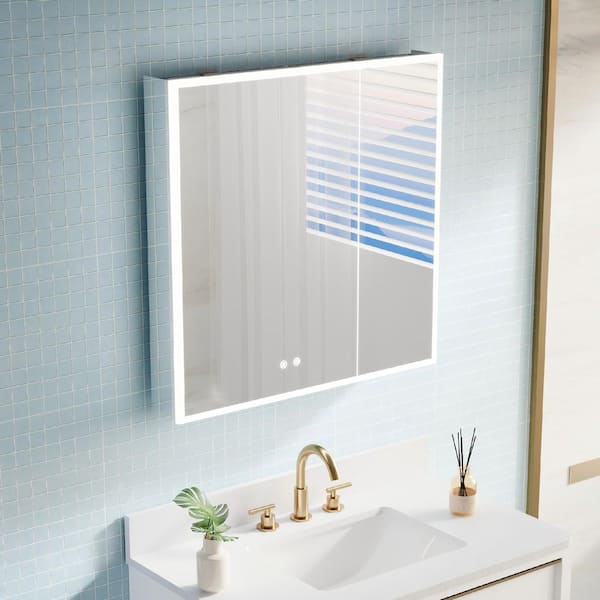 30 in. W x 30 in. H Frameless Rectangular Silver Surface Mount Medicine Cabinet with Mirror and LED Light