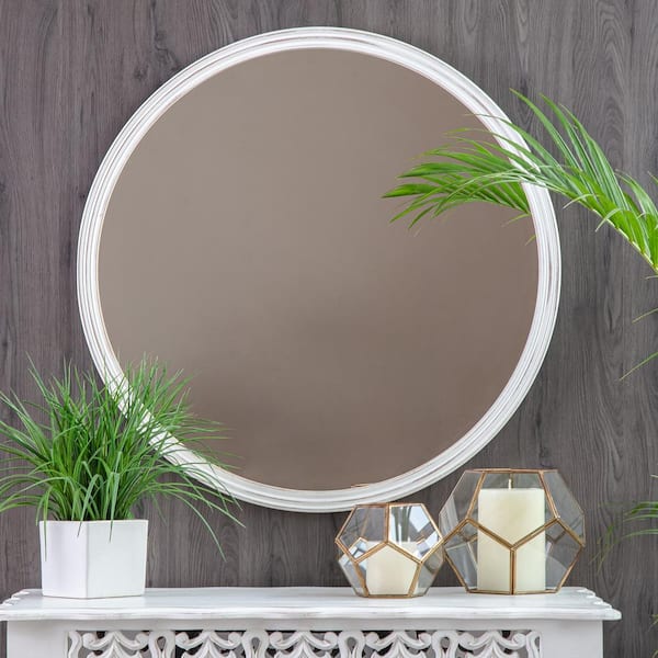 30 in. x 30 in. Farmhouse Round Carved Framed White Accent Mirror