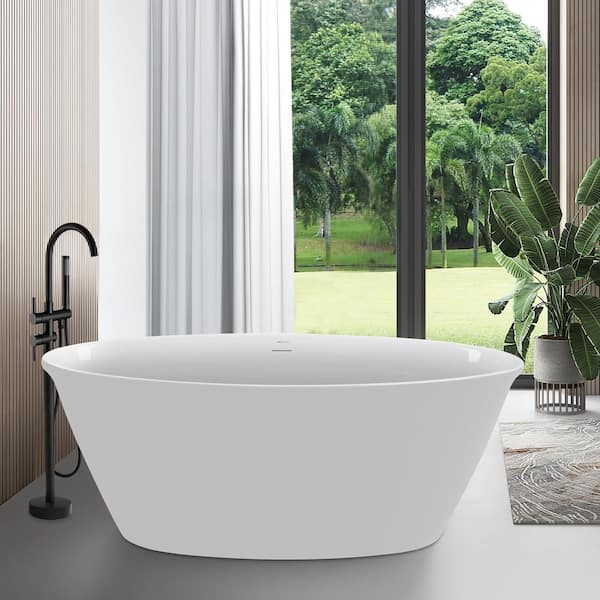 Mokleba 59 in. Acrylic Flatbottom Double Slipper Oval Bathtub Freestanding Soaking Tub in White with Polished Chrome Drain