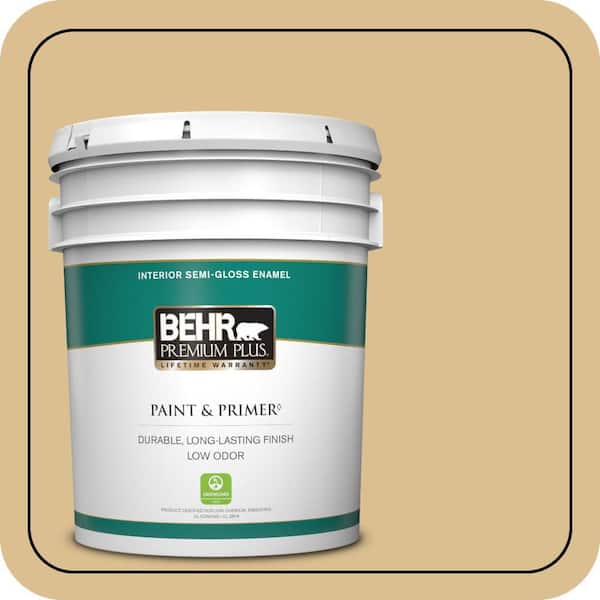BEHR PREMIUM PLUS 5 gal. #340F-4 Expedition Khaki Semi-Gloss Enamel Low Odor Interior Paint & Primer