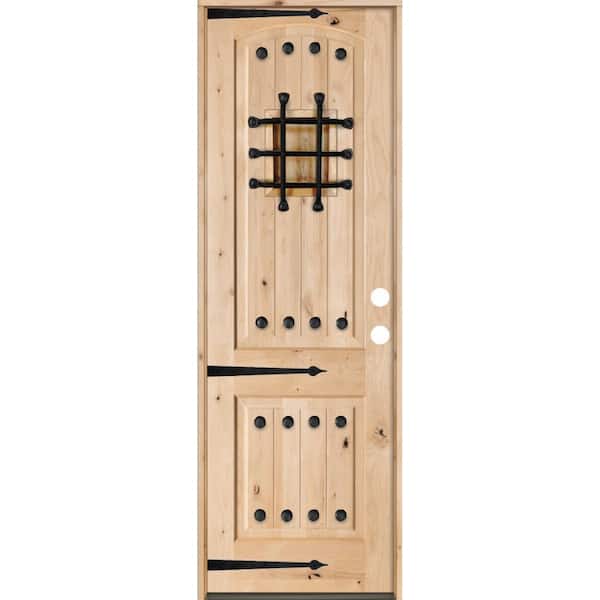 Krosswood Doors 30 in. x 96 in. Mediterranean Knotty Alder Arch Top Left-Hand Inswing Unfinished Wood Single Prehung Front Door