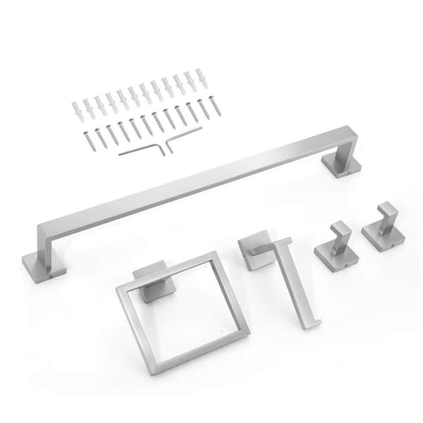 Brushed Nickel Bathroom Hardware Set, 5-Pieces, 24 in. Towel Bar, Towel Rack, 2-Hooks, Toilet Paper Holder, Wall Mounted