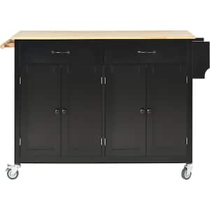 Black Solid Wood Kitchen Cart with Cabinets