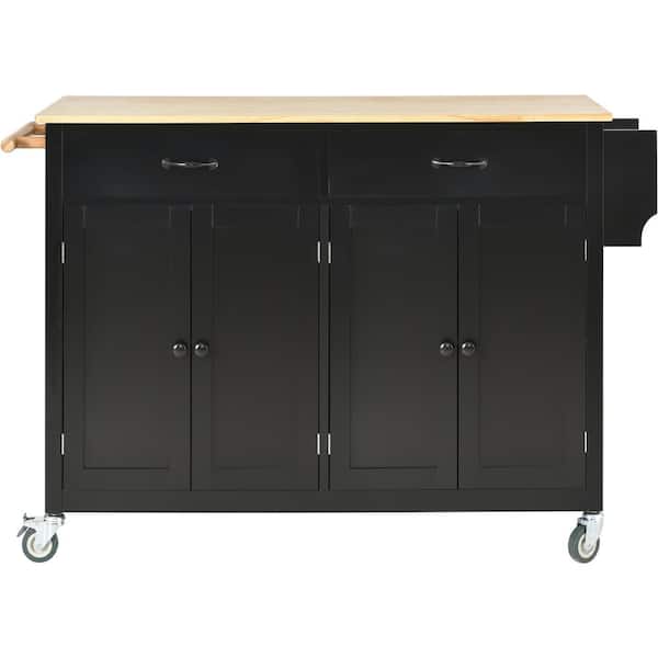 JimsMaison Black Solid Wood Kitchen Cart with Cabinets