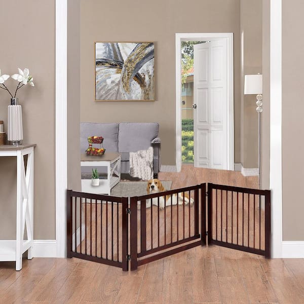 24 in. H Wood Gate Configurable Folding Freestanding 3 Panel Wood Dog Fence Pet Gate with Walk Through Door