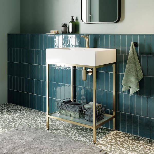 Pierre 24 in. W x 18.1 in. D Bath Vanity in Gold with Ceramic Vanity Top in White with White Basin