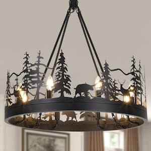 8-Light Black Ambient Rustic Chandelier Wagon Wheel Farmhouse Chandelier for Dining Living Room Foyer