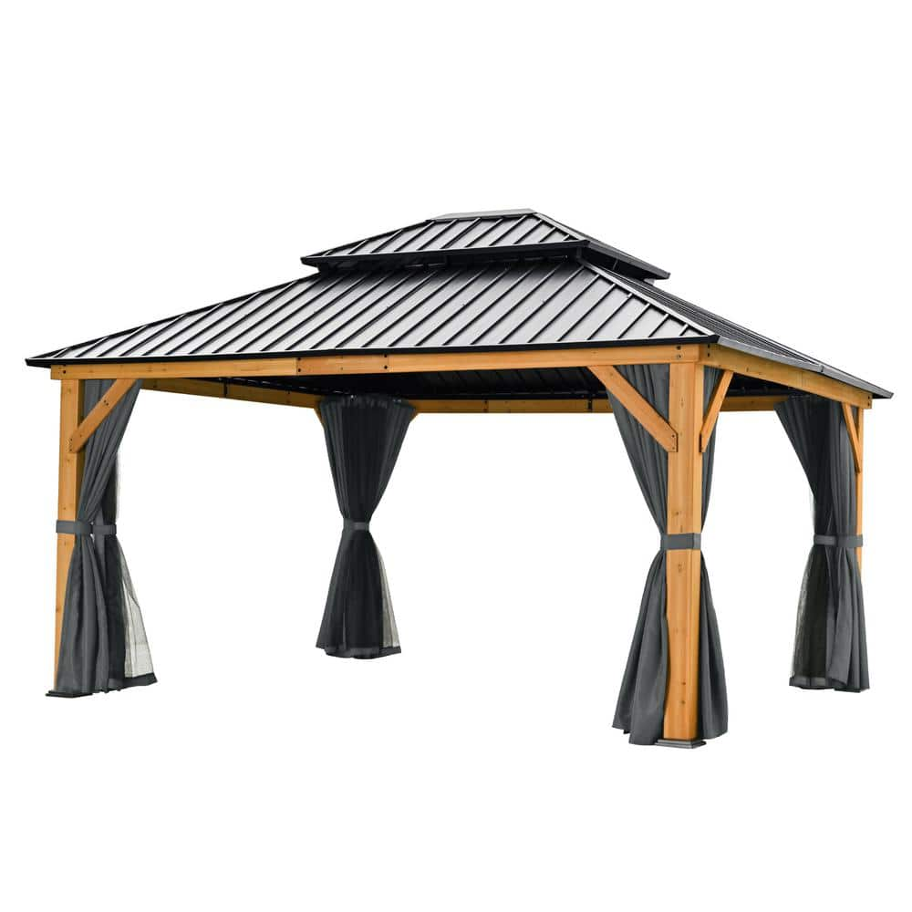 Egeiroslife 13 Ft. X 15 Ft. Double Roof Hardtop Wood Gazebo With 