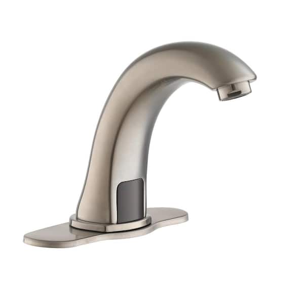Mondawe Hands-Free Sensor Touchless Single Hole Bathroom Faucet in Brushed Nickel with Deck Plate and Valve
