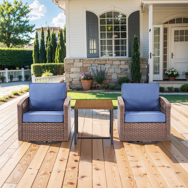 Kelsey Blue 3-Piece All-Weather Brown Wicker Outdoor Swivel Rocking Chairs with Side Table
