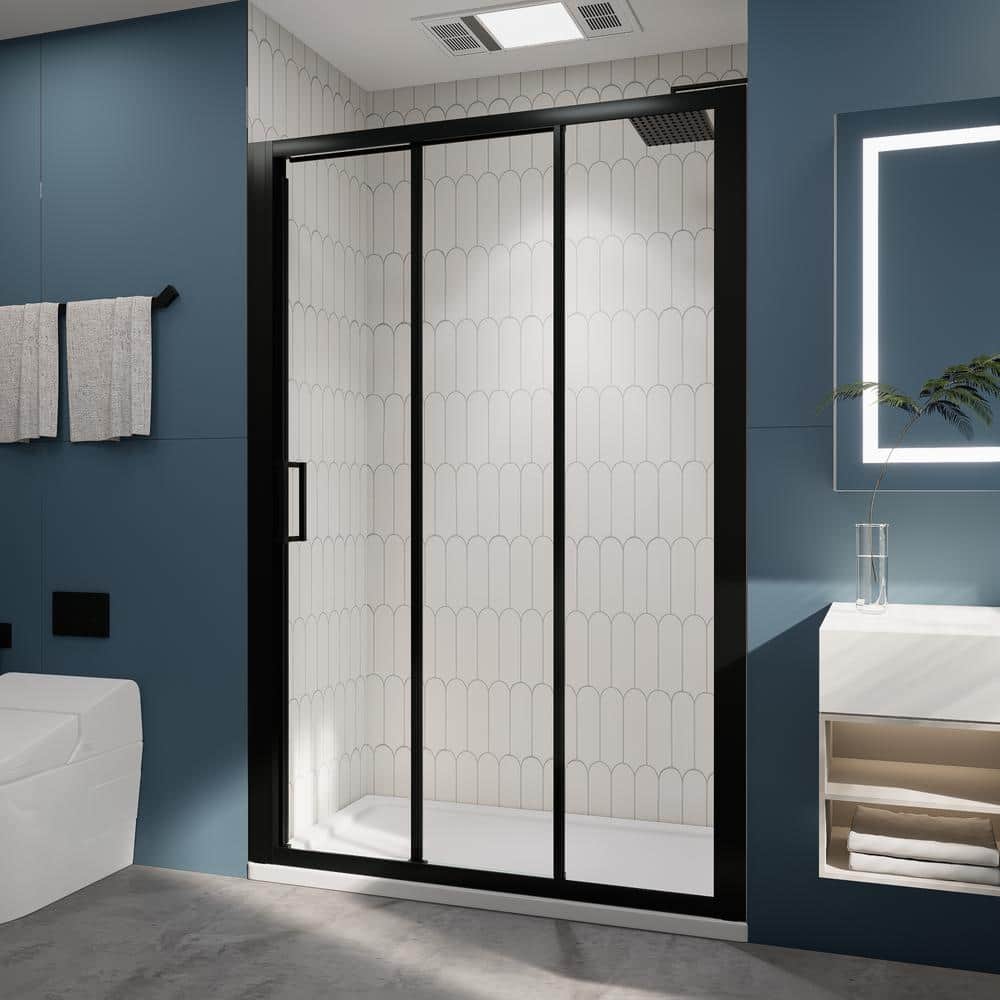 54" Matte Black Semi-Frameless Sliding Shower Door with Clear Glass