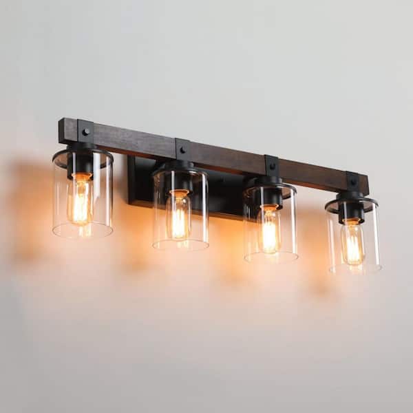 27 in. 4-Light Walnut Bathroom Vanity Light with Clear Glass Shades Classic Wall Sconce for Damp Location (No Bulbs)