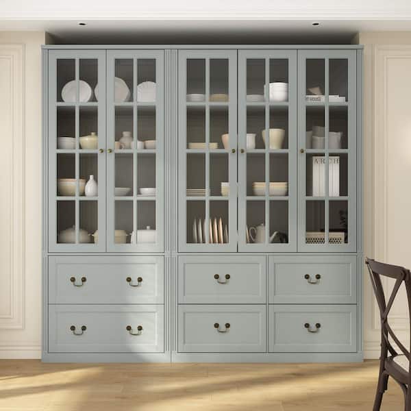 FUFU&GAGA Gray Wood Combination Cabinet Storage Cabinet Freestanding Display Cabinet With 5 Tempered Glass Doors and 6-Drawers
