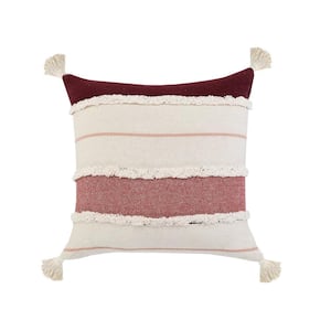 Quarry Berry Maroon /White Tufted Striped Tassels Soft Poly-Fill 20 in. x 20 in. Indoor Throw Pillow