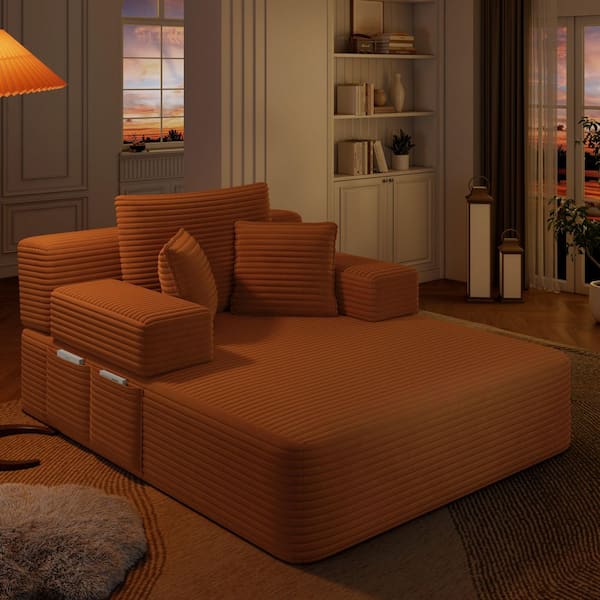 Modern 48.5 in. Orange Corduroy Upholstery Twin Size 2-in-1 Foldable Sofa Bed with 3 Pillows, Storage Pocket