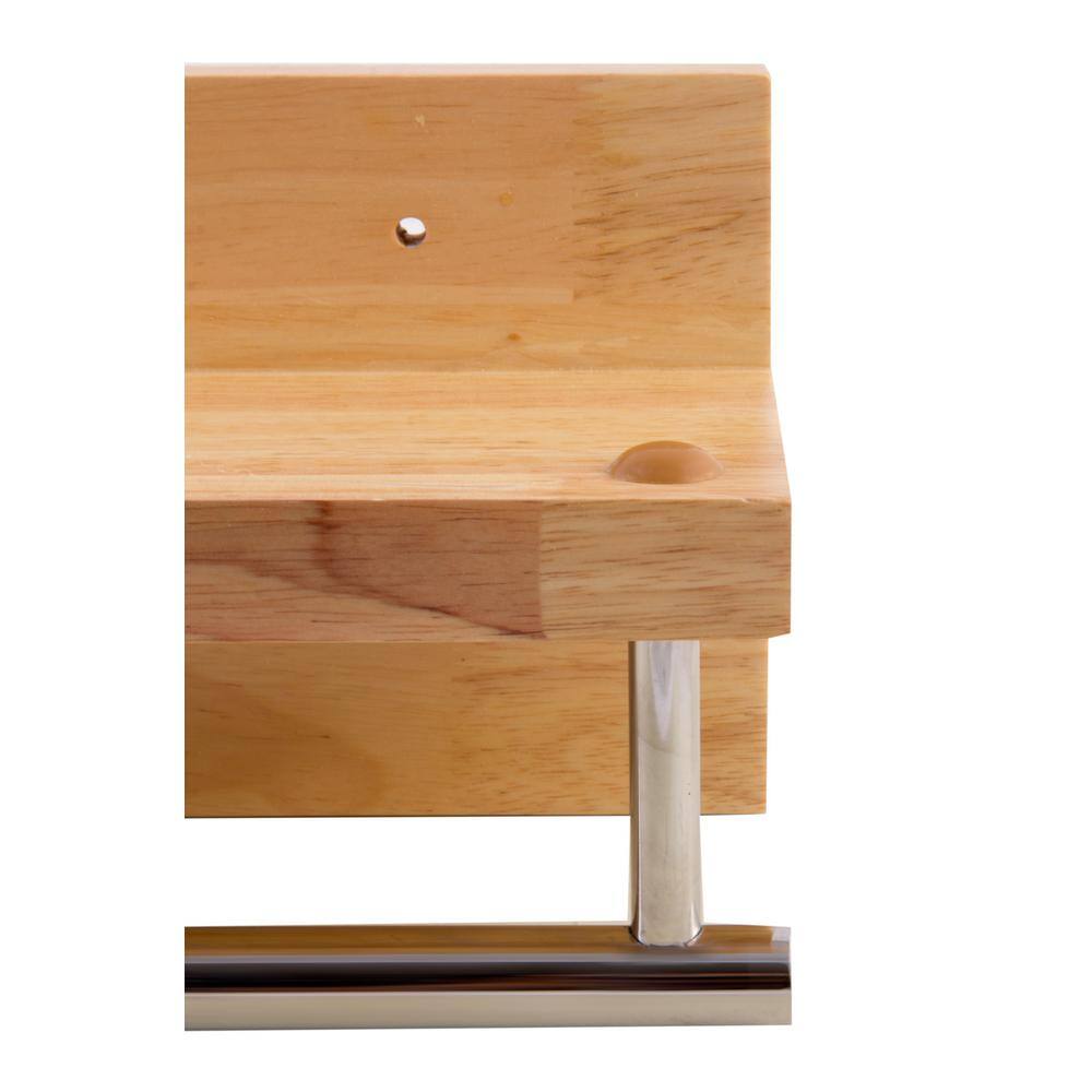 Natural Wood Wall Shelf with Chrome Towel Bar