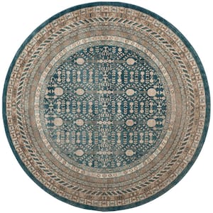 Sofia Blue/Beige 7 ft. x 7 ft. Round Border Geometric Area Rug